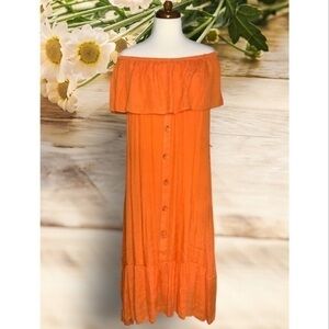 NWT Mlle Gabrielle Orange Off Shoulder Ruffle Hi/Lo Hem Midi Summer Dress 1X
